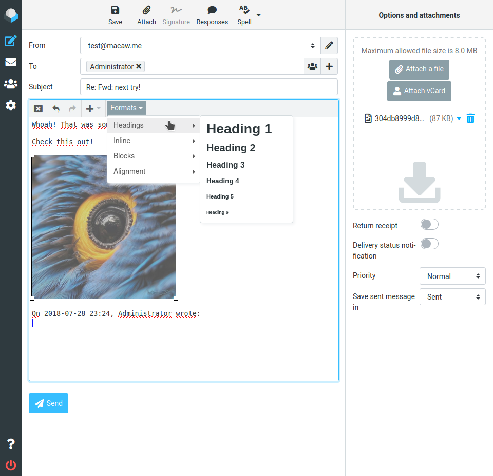 A screenshot of Roundcube Email composition interface
